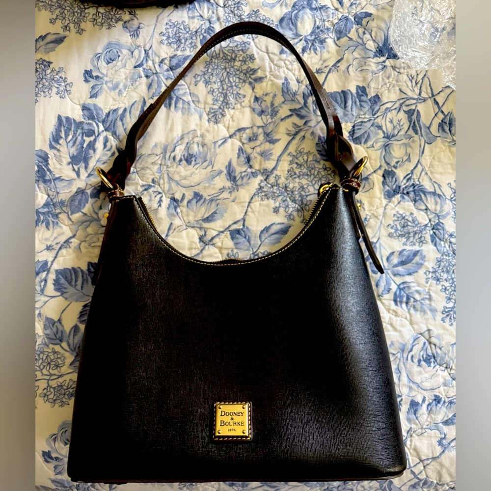 Dooney and BourkeSaffiano Bryce black shoulder bag with gold metal adornments
